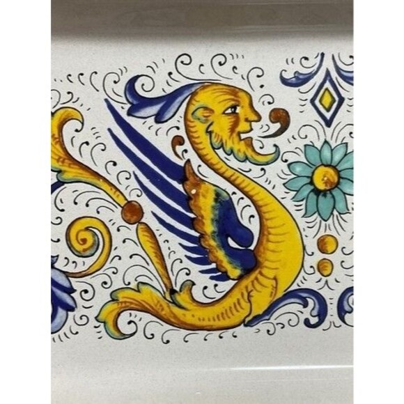 NWOB Ceramic Nova Deruta Hand Painted Flower Dragons Tray Italy 10.75"x5” - Picture 9 of 11